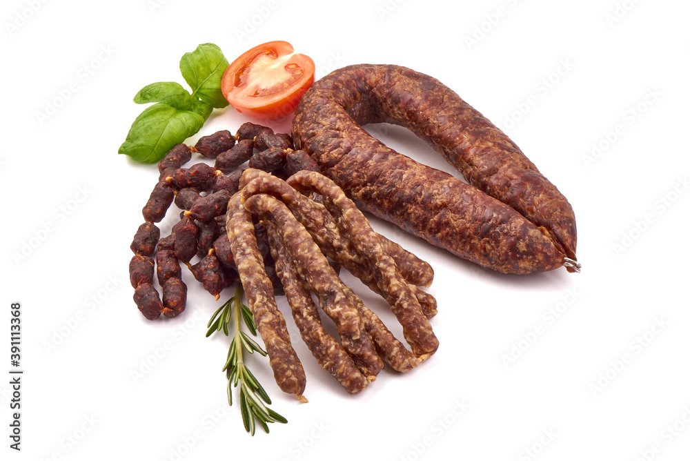 Wild meat sausages, isolated on white background
