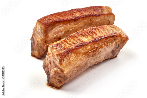Grilled pork ribs, roasted meat, close-up, isolated on white background