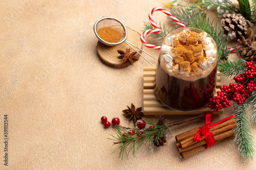 Christmas or New Year card with hot chocolate or cocoa with marsmallows,cinnamon,anise stars and decorative tree branches.Winter hot cocktail.Top view with copy space. photo