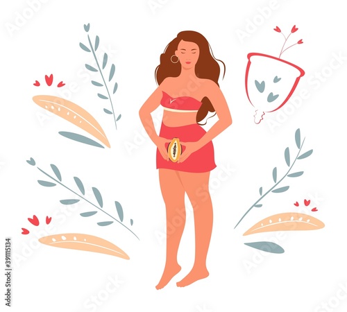 Woman holding papaya fruit in her hands. Menstrual cup and flowers. Eco protection for woman in critical days. Women period. Intimate hygiene. Trendy vector cartoon flat graphic illustration.