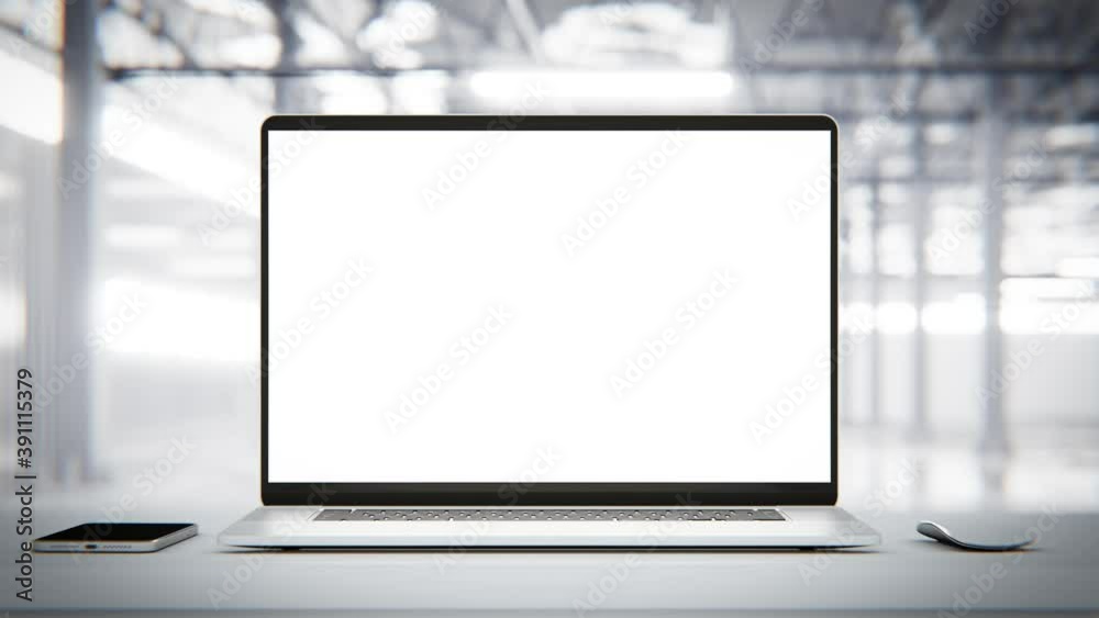 Laptop with blank screen on table smooth zoom in with mouse and smartphone. factory or loft background, 4k 30fps UHD