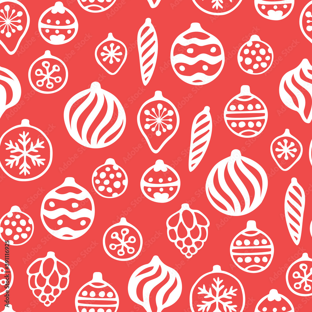 Vector seamless pattern with hand drawn decorative balls. Cute design for Christmas wrappings, textile and backgrounds Vector seamless pattern with hand drawn decorative balls. Cute design for Christmas wrappings, textile and backgrounds