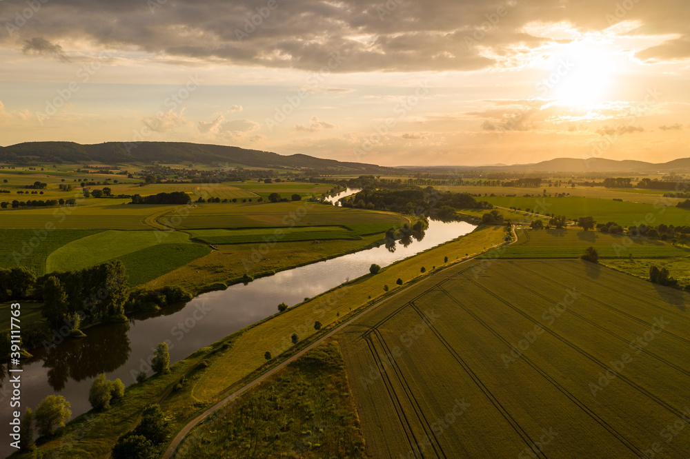 Drone panorama over river Weser , Germany..