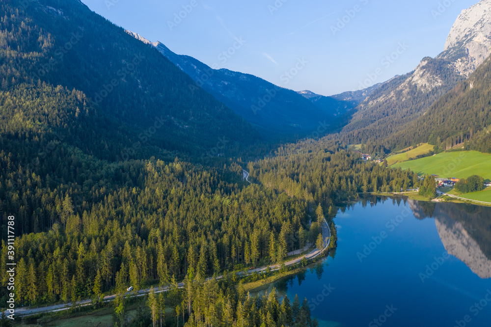 Drone panorama over Hintersee in Bavaria, Germany