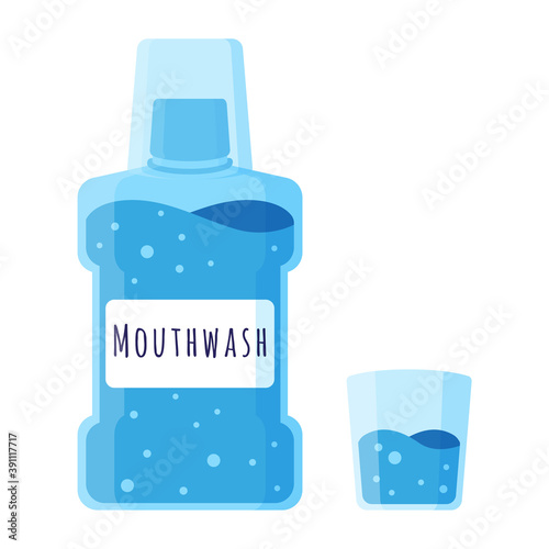 Vector cartoon illustration of mouthwash and glass isolated on white background.