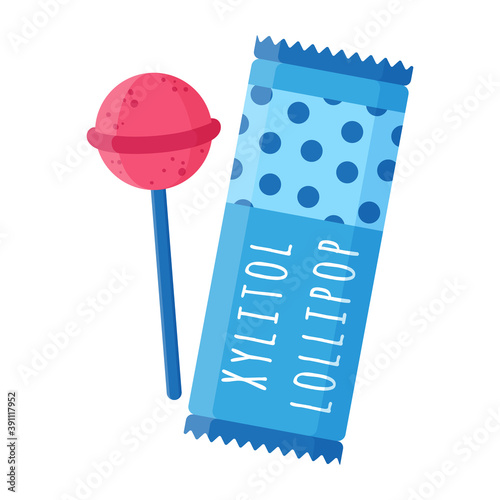 Vector cartoon illustration of sugar free xylitol lollipop isolated on white background.