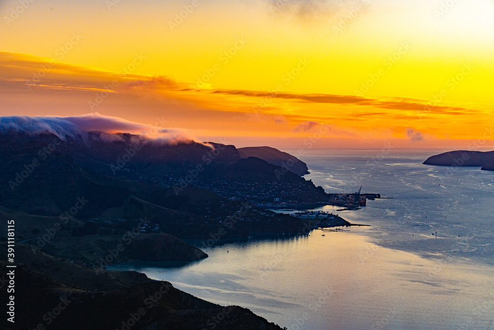 Fototapeta premium Sunrise at a fjord in New Zealand