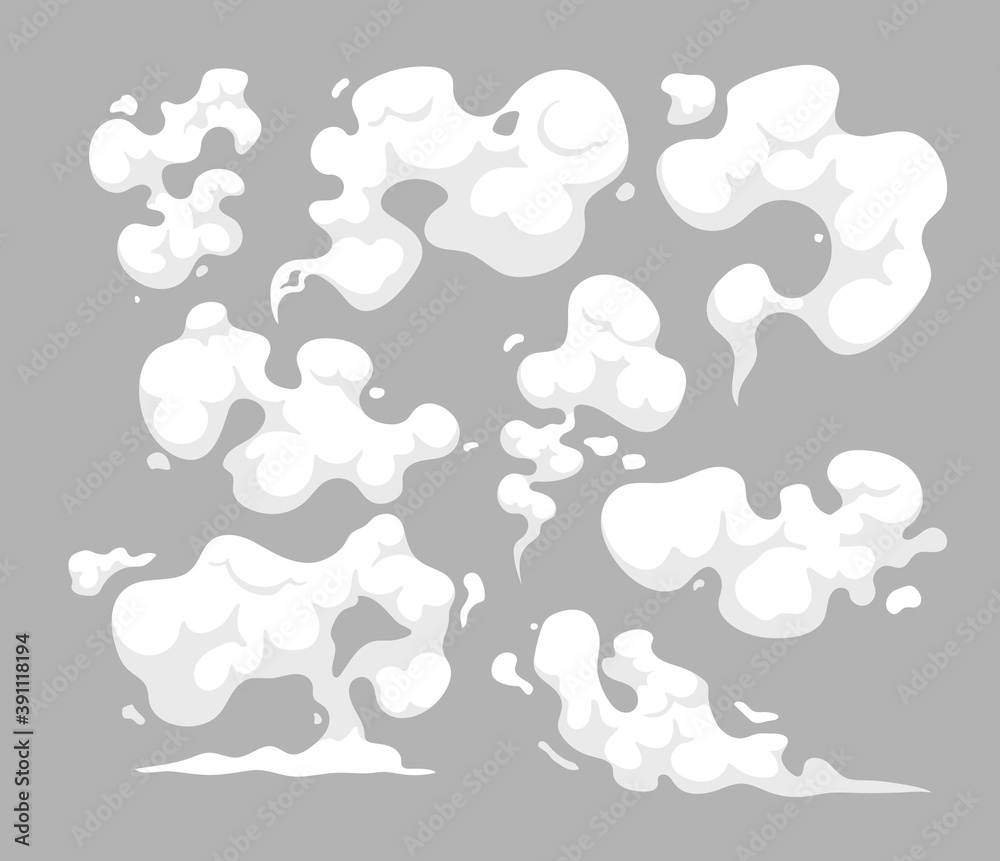 Set of Cartoon Smoke Clouds, White Dust Steam Design Elements, Flow Mist, Smoky Steam. Chemical, Aroma or Toxic Vapour Set of Cartoon Smoke Clouds, White Dust Steam Design Elements, Flow Mist, Smoky Steam. Chemical, Aroma or Toxic Vapour