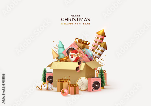 Christmas and New Year background with realistic gifts box and fireworks. Xmas decoration holiday 3d objects. Festive gift card, banner, poster. vector illustration