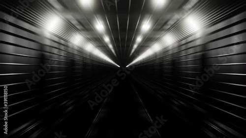 Moving forward through underground, subway tube, metro tunnel. Camera view from driver’s cabin. Time lapse fast speed animation. Modern city transport. Train railway. 3D Render. Seamless loop 4K video