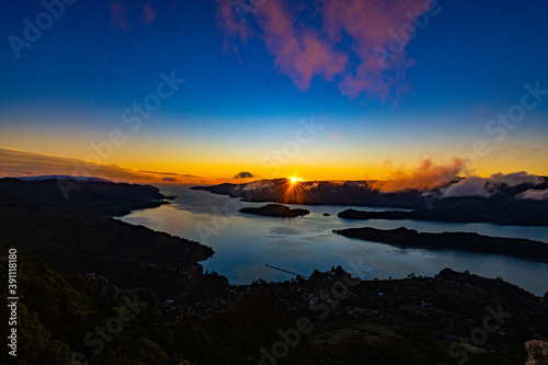Sunrise at a fjord in New Zealand