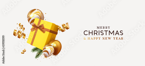Merry Christmas and Happy New Year. Xmas design realistic yellow gifts box, falling helium balloon, 3d golden confetti. Holiday gift background. Banner, poster, header for website. vector illustration