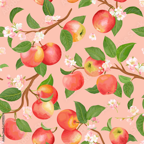Watercolor floral apple seamless pattern. Vector autumn fruits, flowers, leaves texture. Summer botanical