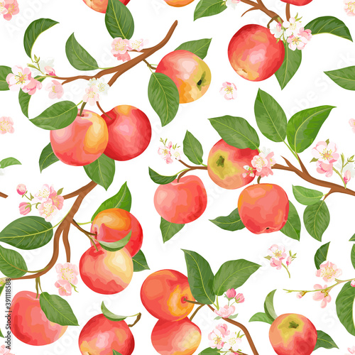 Boho botanical apple seamless pattern. Vector autumn fruits, flowers, leaves texture. Summer floral background