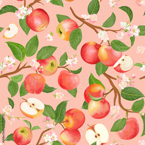 Autumn apple seamless pattern. Summer fruits, leaves, flowers vector background. Watercolor texture