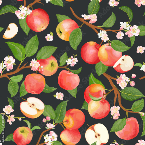 Watercolor floral apple seamless pattern. Vector autumn fruits, flowers, leaves texture. Summer botanical