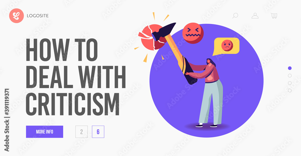 Fototapeta premium Network Harassment, Criticism or Bullying Landing Page Template. Angry Female Character Send Offensive Messages Online