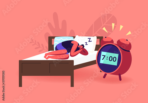 Night Dream, Nap, Bedding Time. Young Man Sleeping on Bed at Home Ignoring Alarm Clock Ringing. Male Character Relaxing