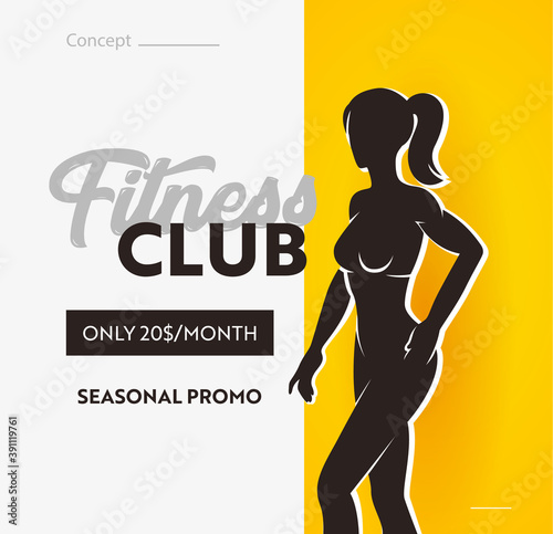 Fitness Club Banner, Seasonal Promo for Visiting Gym. Sale Poster with Silhouette of Athletic Slim Female Body. Wellness