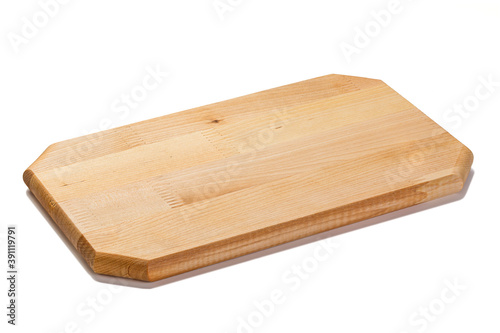 New rectangular wooden cutting board isolated on white background. Full depth of field. Mockup for food project.
