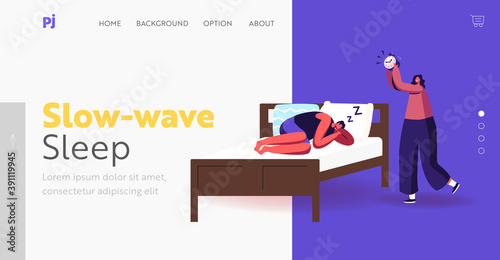 Night Rest, Dream and Bedding Time Landing Page Template. Man in Pajama Sleep on Bed Ignoring Alarm Clock, Wake Up