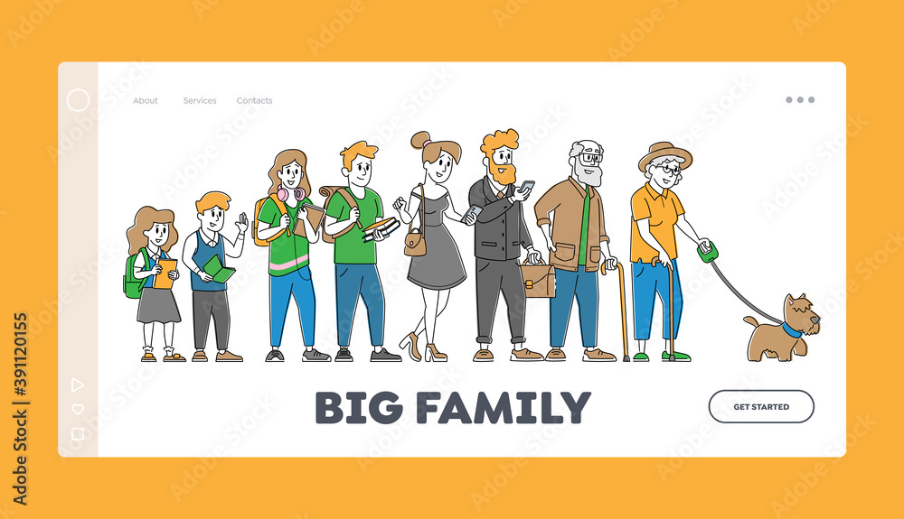 Big Family Landing Page Template. Children, Parents, Grandparents Stand in Row. School Kids, Teenagers, Adult and Senior
