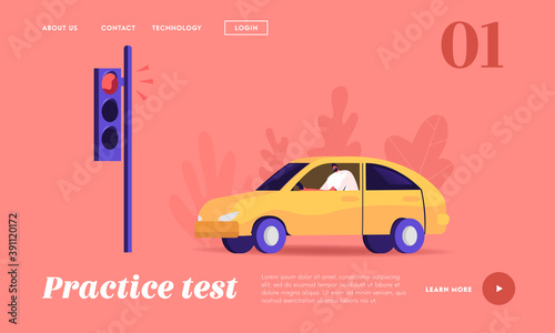 City Traffic, Man Driving Car on Traffic Light Landing Page Template. Urban Transport on Speedway, Male Riding Sedan