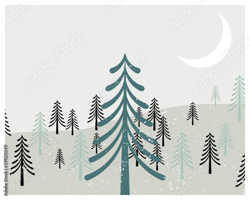 Abstract contemporary aesthetic background landscape with trees and moon. Boho wall decor. Mid century modern minimalist neutral art print. Organic shape