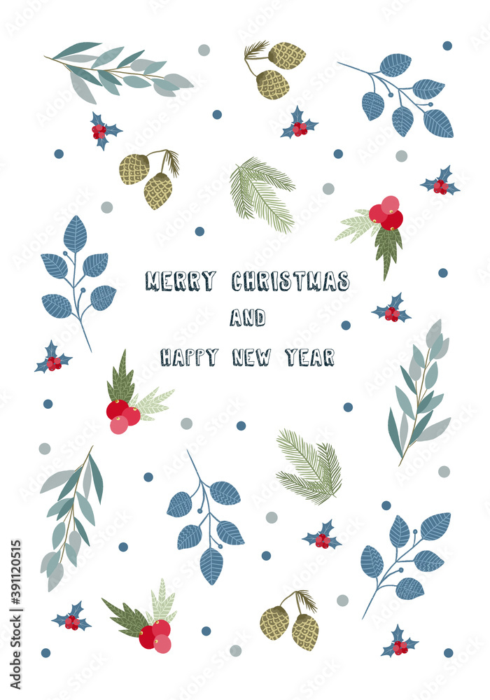 Merry Christmas and Happy New year greeting card in scandinavian style with hand drawn floral decorative elements, trendy modern style Merry Christmas and Happy New year greeting card in scandinavian style with hand drawn floral decorative elements, trendy modern style