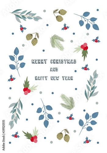 Merry Christmas and Happy New year greeting card in scandinavian style with hand drawn floral decorative elements, trendy modern style