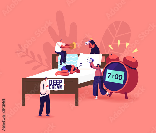 Deep Sleep Phase, Dreaming or Nap. Tiny Male and Female Characters Wake Up Man Sleeping on Bed with Huge Alarm Clock