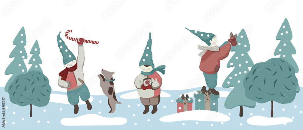 Christmas seamless pattern with the three elves in the caps. A gnome dresses up a Christmas tree, a gnome with a flashlight, a gnome with a Lollipop and a dog. Winter landscape for a banner.