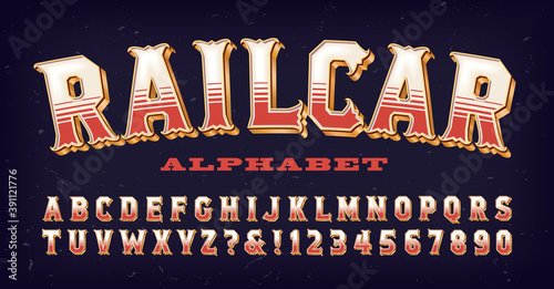 An ornate retro style alphabet, with overtones of railroad, old west, circus, and carnival vibes.