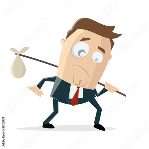 cartoon illustration of a sad businessman who has to pack his bags and leave