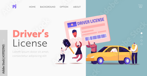Characters Getting Driver License Landing Page Template. Tiny People Study in School with Instructor, Learning Drive Car