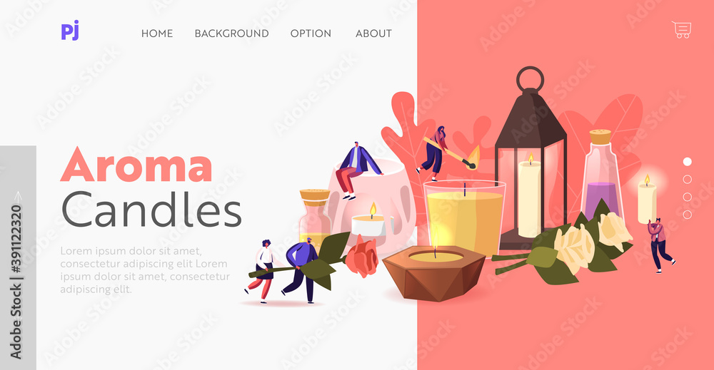 People Use Aroma Candles at Home Landing Page Template. Tiny Characters with Various Huge Candles in Candlesticks