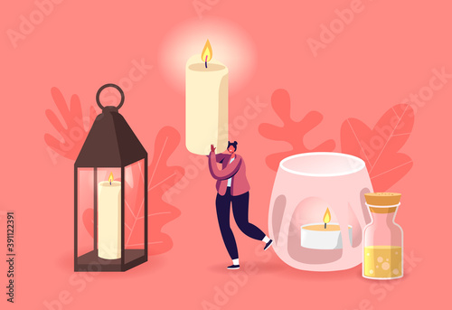 Home Decoration, Spa or Holiday Decorative Design Elements. Tiny Female Character Carry Huge Burning Aromatic Candle