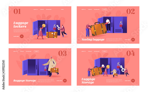 Characters Use Luggage Storage Landing Page Template Set. Put Bags into Lockers in Airport or Supermarket