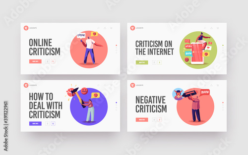 Online Criticism, Social Network Harassment Landing Page Template Set. Character Bully in Smartphone Intimidating Victim