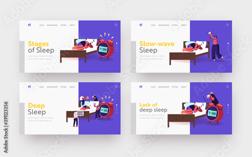 Deep Sleep, Dreaming or Nap Landing Page Template Set. Tiny Characters Wake Up Man Sleeping on Bed with Huge Alarm Clock