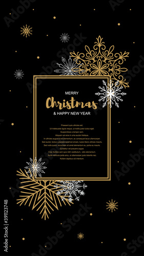 Vertical Merry Christmas and New Year greeting card with beautiful golden snowflakes on black background. Frame with space for text