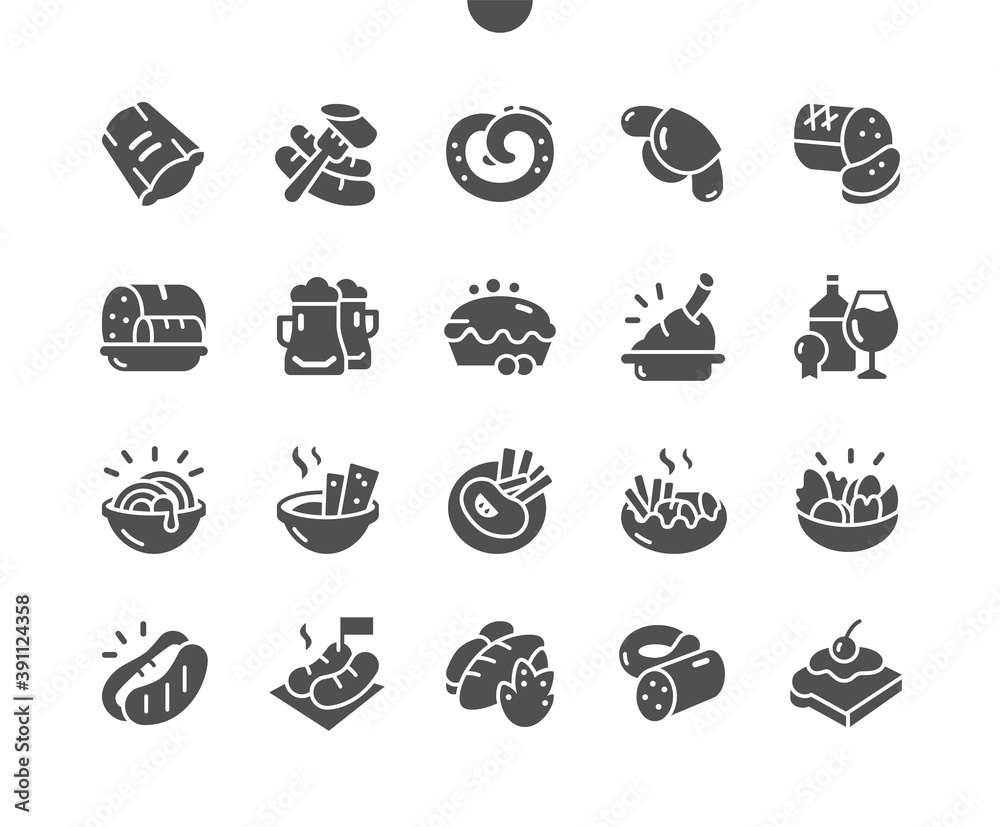 Traditional German cuisine. Beer, pretzels and various bavarian specialties. Menu for restaurant and cafe. Vector Solid Icons. Simple Pictogram