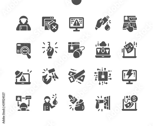 Cybercrime, information technology, phishing mail. Hacker with laptop computer stealing confidential data, personal information, credit card. Vector Solid Icons. Simple Pictogram