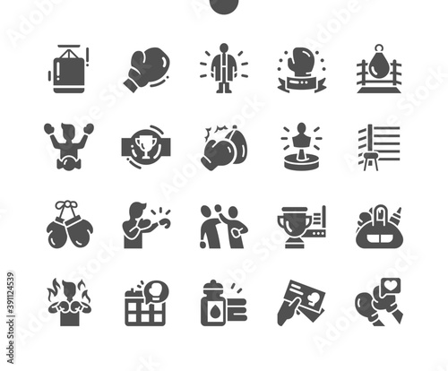 Boxing, power, fight. Fighters in gloves. Fight club, punching bags, gym. Healthy lifestyle. Vector Solid Icons. Simple Pictogram