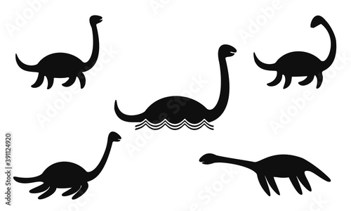 Set of Nessie or Loch Ness monster silhouettes isolated on white backgroung. Vector illustration.