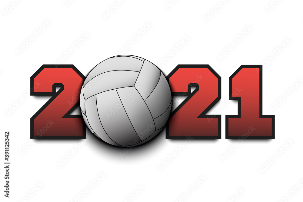 New Year numbers 2021 and volleyball ball on an isolated background. Creative design pattern for greeting card, banner, poster, flyer, party invitation, calendar. Vector illustration