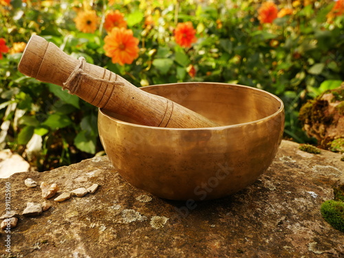 Singing bowl set on a rock with dalhia flowers in background