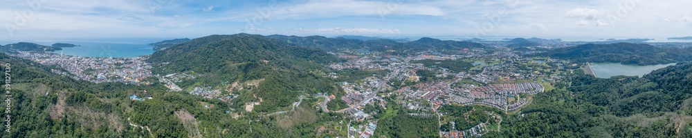 Amazing landscape of Panorama landscape Patong city and kathu district Phuket Thailand from Drone camera High angle view Stunning nature view.