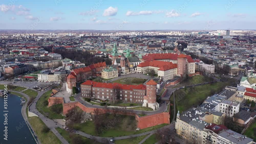 custom made wallpaper toronto digitalView from above of fortified architectural complex of Wawel Castle and Archcathedral Basilica on banks of Vistula river in springtime, Krakow, Poland