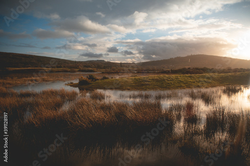 Flooded Lough Allua lake at sunset. southwest ireland. A lake lying on the river Lee which flows into Cork. 